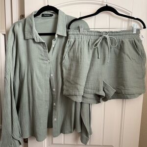 Women's Sage Green Button-Up Shirt and Shorts Set